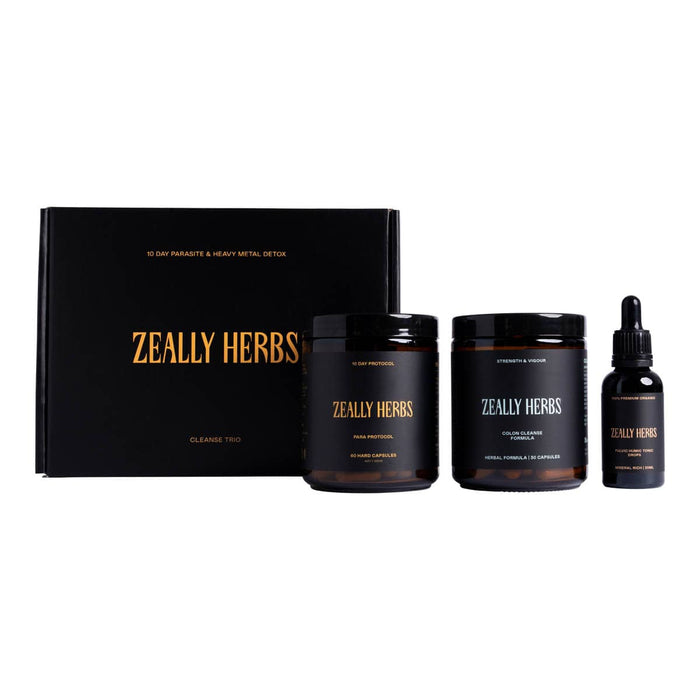 Zeally Herbs 10 day parasite heavy metal detox 3 pack. Includes Para protocol capsules, colon cleanse capsules and fulvic humic drops.