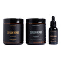Zeally Herbs product set including jars and a dropper bottle on a white background