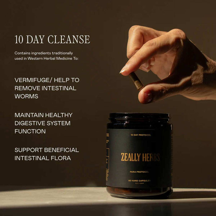 Hand holding a capsule above a Zeally Herbs supplement container with product details on a dark background.