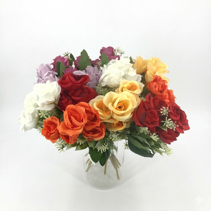 Bouquet of colorful artificial flowers in a clear vase on a white background
