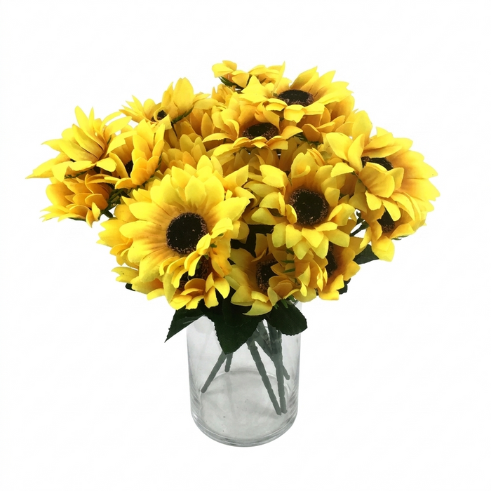 Bouquet of yellow sunflowers in a clear glass vase on a white background