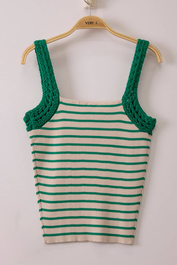 12W3638N-Crochet Sleeve Striped Knit Tank Top: KELLY GREEN
