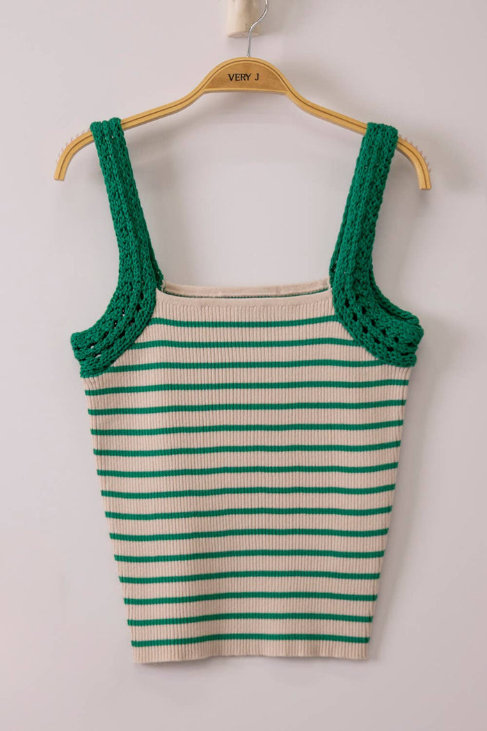 12W3638N-Crochet Sleeve Striped Knit Tank Top: KELLY GREEN