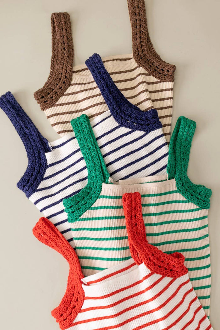 12W3638N-Crochet Sleeve Striped Knit Tank Top: KELLY GREEN