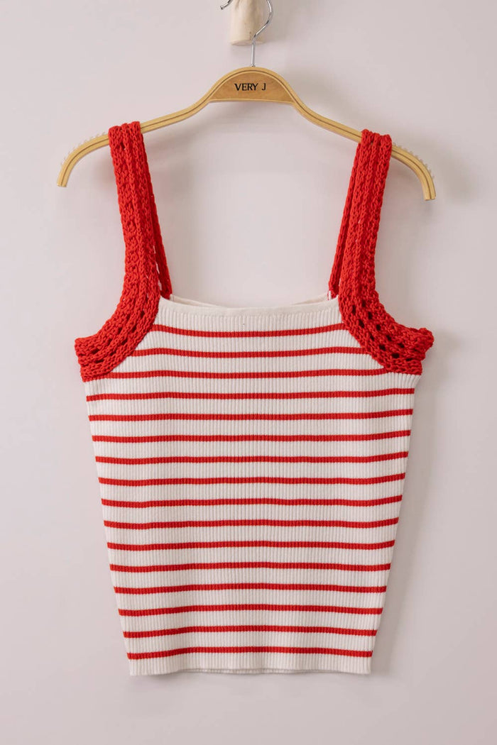12W3638N-Crochet Sleeve Striped Knit Tank Top: KELLY GREEN