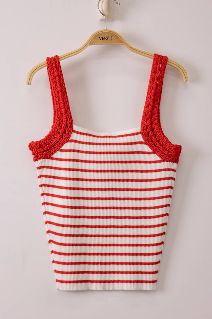 12W3638N-Crochet Sleeve Striped Knit Tank Top: KELLY GREEN