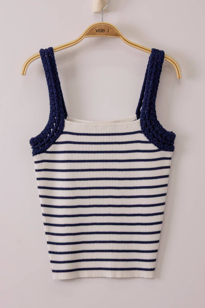12W3638N-Crochet Sleeve Striped Knit Tank Top: KELLY GREEN