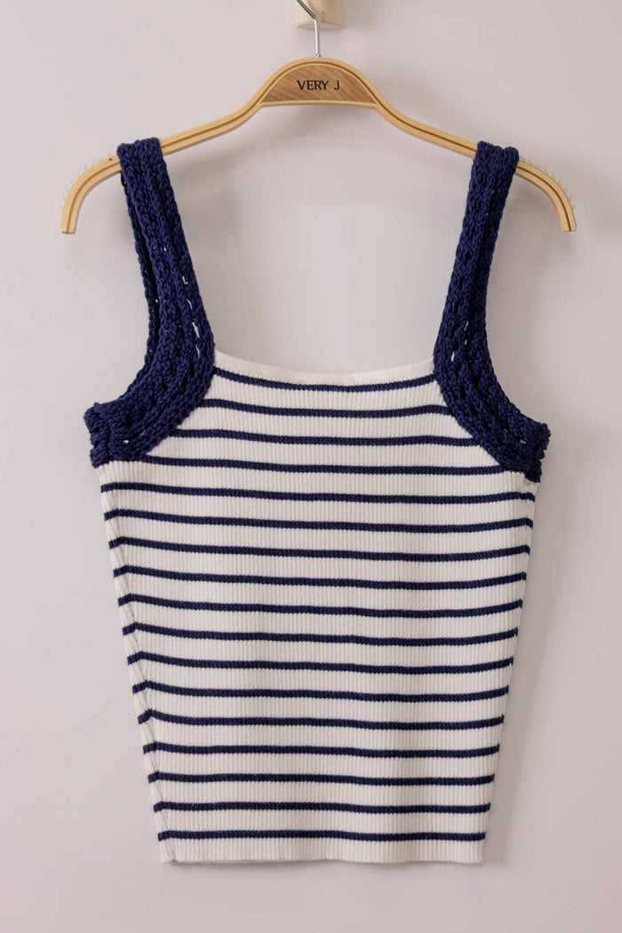 12W3638N-Crochet Sleeve Striped Knit Tank Top: KELLY GREEN
