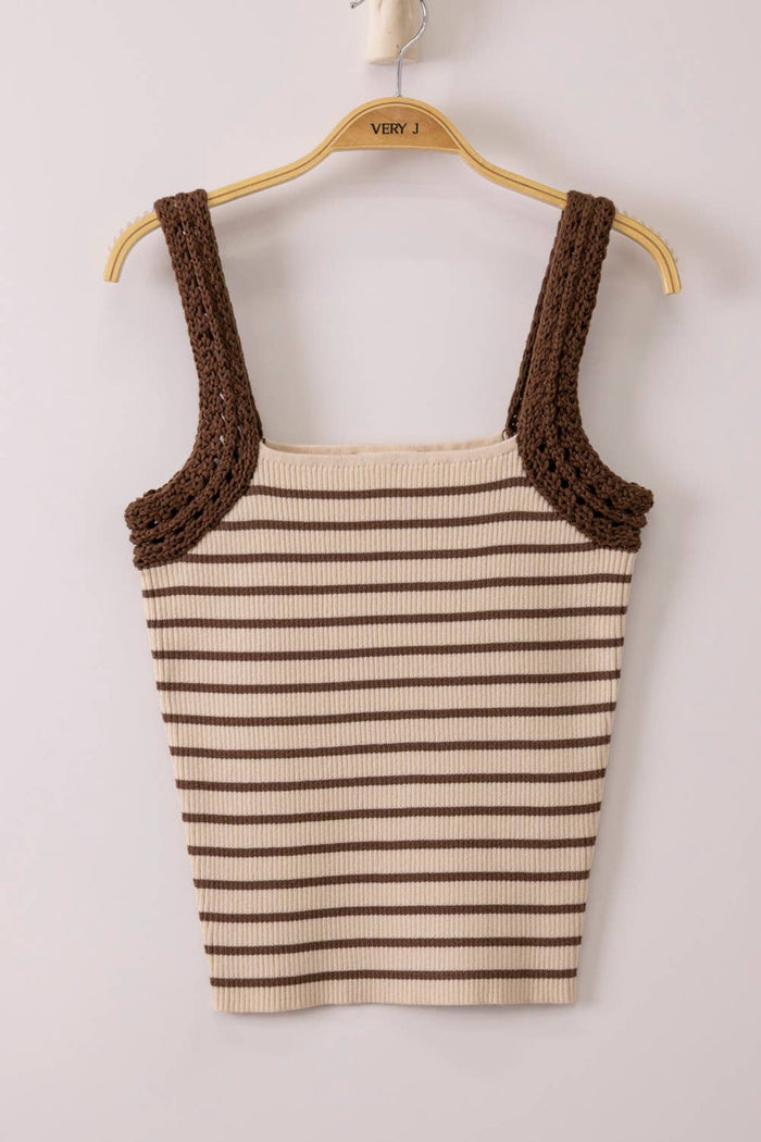 12W3638N-Crochet Sleeve Striped Knit Tank Top: KELLY GREEN