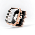 Close-up of Coconut Lane's 2-in-1 Apple Watch Case & Built-In Screen Protector in Rose Gold Diamante, adorned with a sparkling, crystal-encrusted frame. The sleek design showcases an Apple Watch displaying a white floral image on the watch face. The side button stands out against the white background.