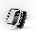 A close-up of a silver Apple Watch with a rectangular screen displaying weather information, partially covered by Coconut Lane's 2-in-1 Apple Watch Case & Built-In Screen Protector - Silver Diamante. The shock-proof, transparent case is adorned with small, shiny crystals along the edges. The background is plain white.