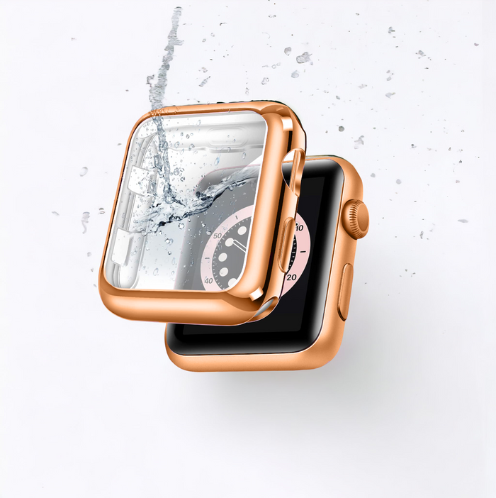 Rose gold Coconut Lane Apple Watch case with integrated screen protector, sleek finish.