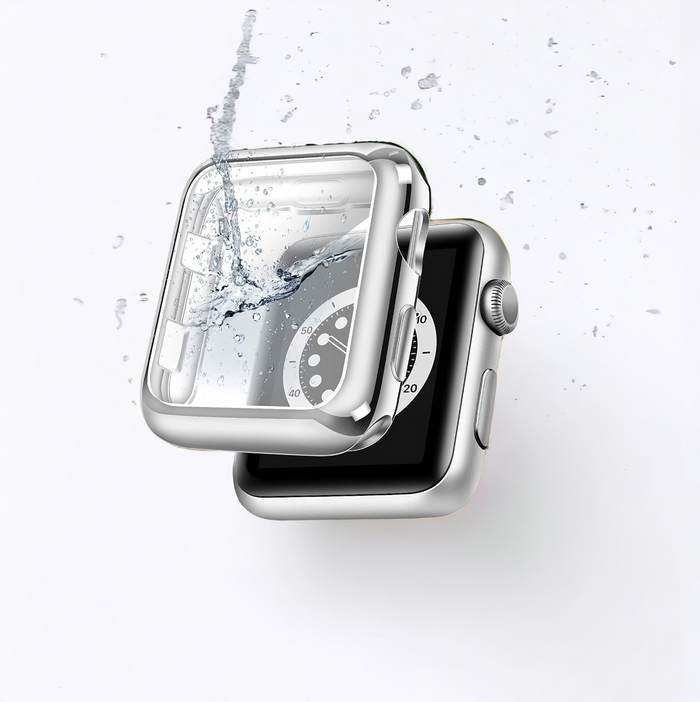 Silver Coconut Lane 2-in-1 metallic Apple Watch case and screen protector with water splashing against it.