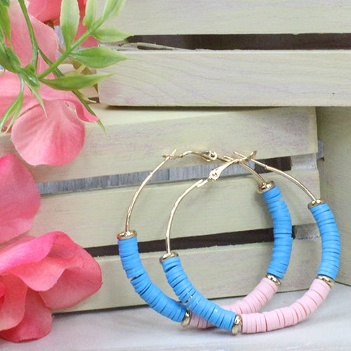 3018 - Rubber Beaded Hoop Earrings - Turquoise Pink