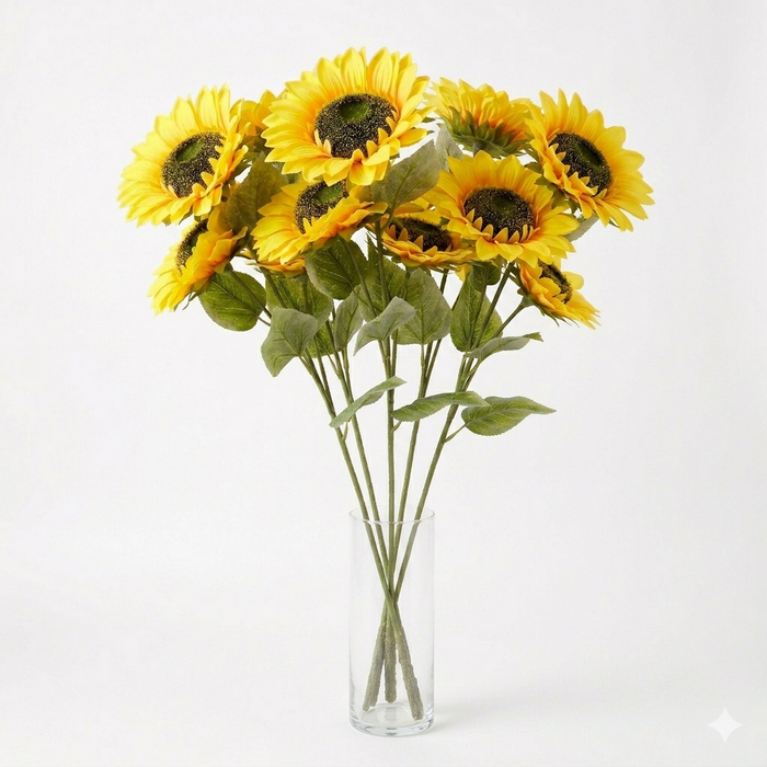 Bouquet of sunflowers in a clear vase on a white background