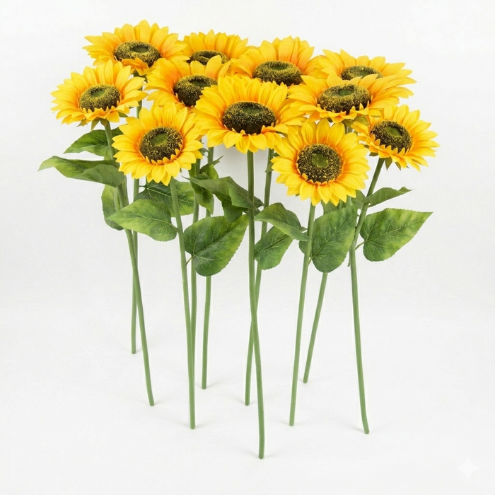 Bouquet of artificial sunflowers on a white background
