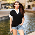 50061 - Ruffle Sleeve V-Neck Top with White Trim - Black