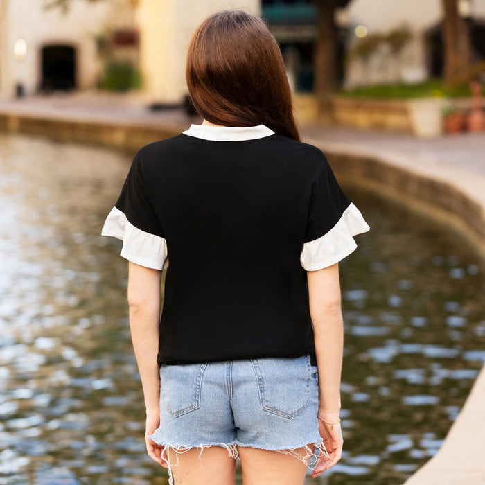 50061 - Ruffle Sleeve V-Neck Top with White Trim - Black
