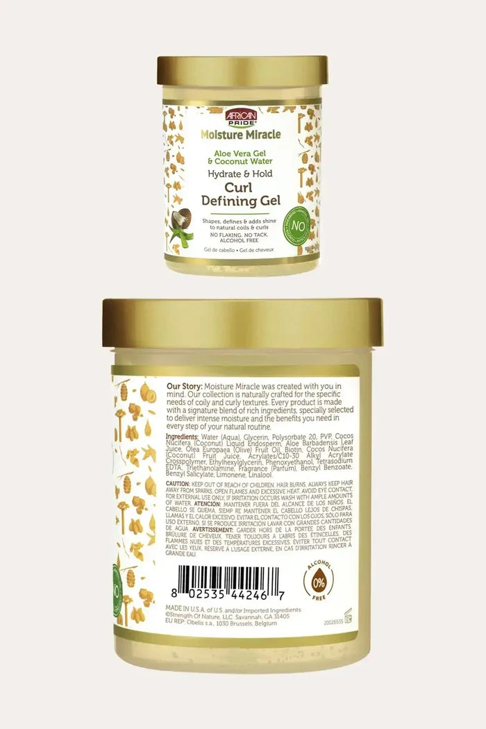 “Front and back view of African Pride Moisture Miracle Aloe Vera Gel & Coconut Water Curl Defining Gel, Frizz Control Gel, ingredients label shown.”