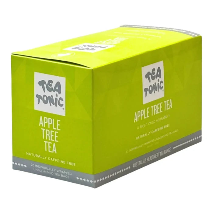 A bright lime green box of Tea Tonic Apple Tree Tea, featuring white and grey branding and text, shown on a clean white background. Naturally caffeine free. 20 individually wrapped tea bags.
