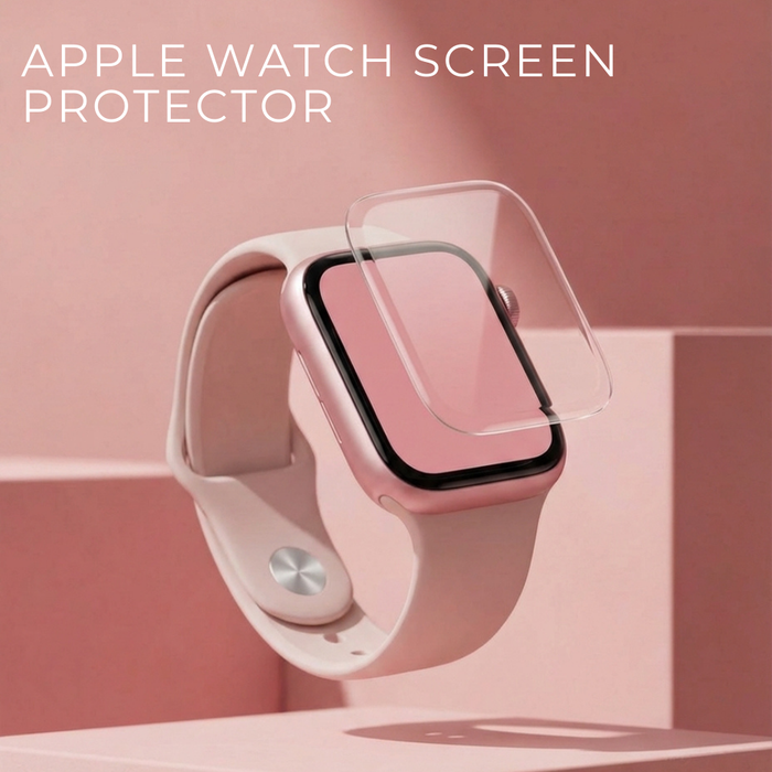 Coconut Lane Apple Watch screen protector on a pink geometric background with a matching pink Apple Watch.