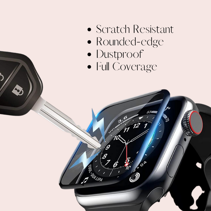 A key scratches a clear Coconut Lane Apple Watch screen protector, showing its scratch-resistant, edge-to-edge coverage.
