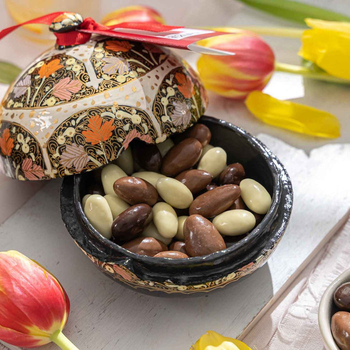 Assorted Chocolate Coated Almonds in a Large Handmade Bonbonnière, Palm Oil Free, 260g