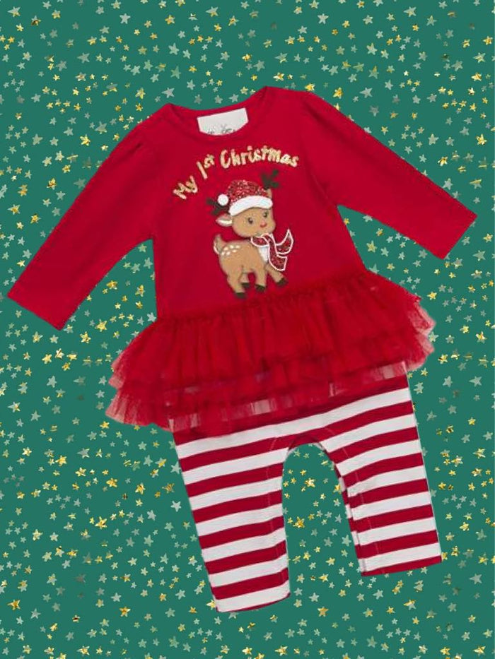 Baby and Toddler Girls Rare Editions Red TuTu w/1st Christmas Reindeer