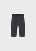 Mayoral baby boy charcoal twill joggers with elastic waist, drawstring, and cuffed hems.