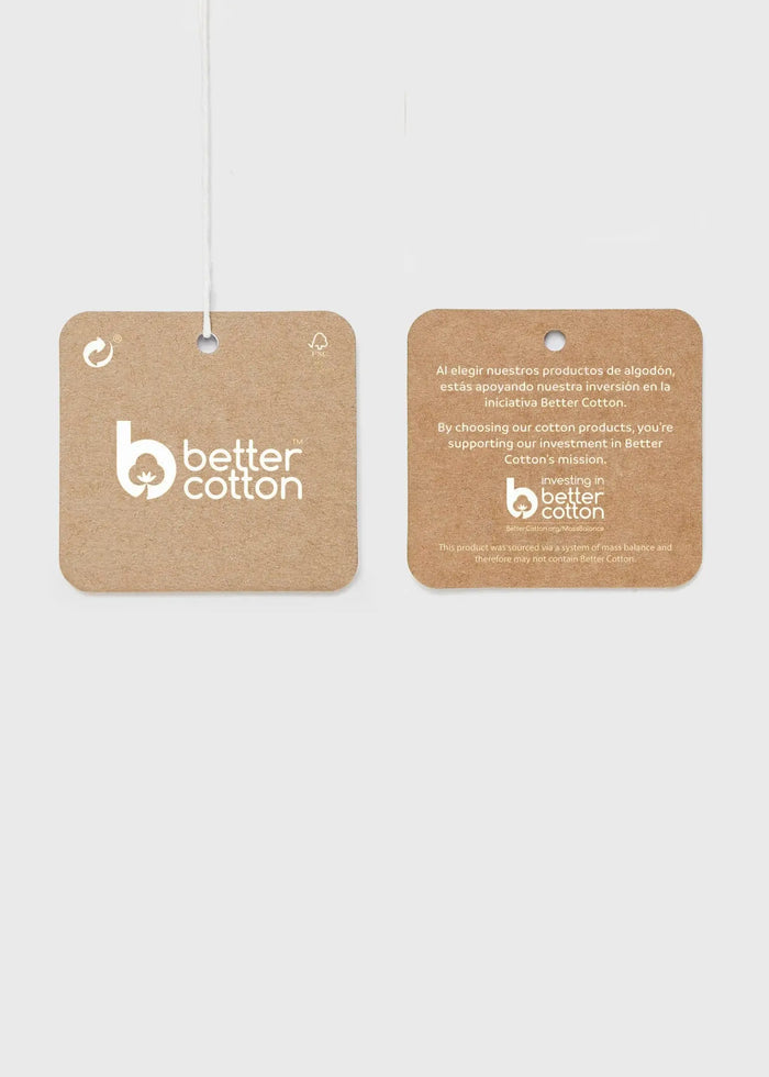 Mayoral baby boy joggers product tag showing Better Cotton support information.