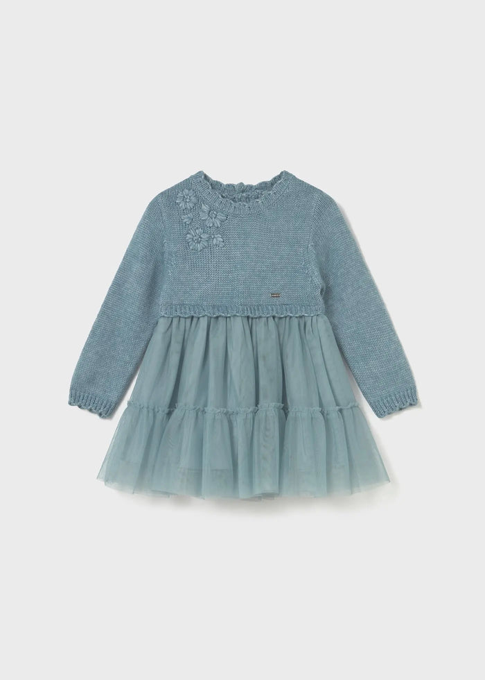 Mayoral baby girl Blue-Green knit and tulle dress with long sleeves, applique details, and soft skirt.