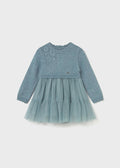 Mayoral baby girl Blue-Green knit and tulle dress with long sleeves, applique details, and soft skirt.