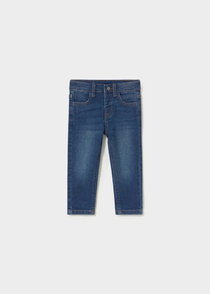Mayoral baby boy slim fit jeans in Dark Blue cotton-rich stretch denim for everyday outfits.