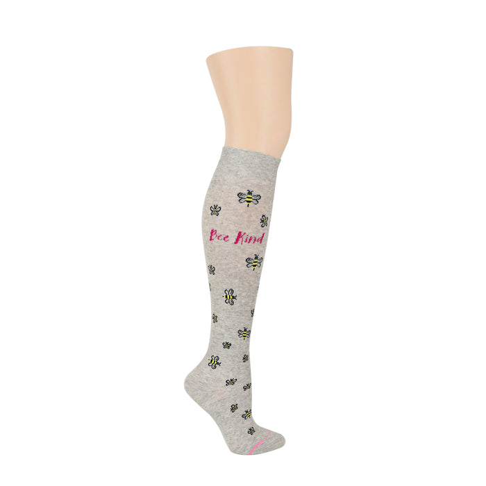 Knee-high gray compression socks with bee patterns and "Bee Kind" text in pink.