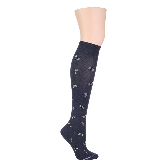 Knee-high compression socks in dark blue with floral and bee patterns.