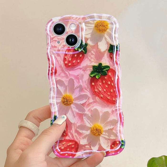 Pink wavy iPhone case featuring painted style red strawberries and white daisies with yellow centers.