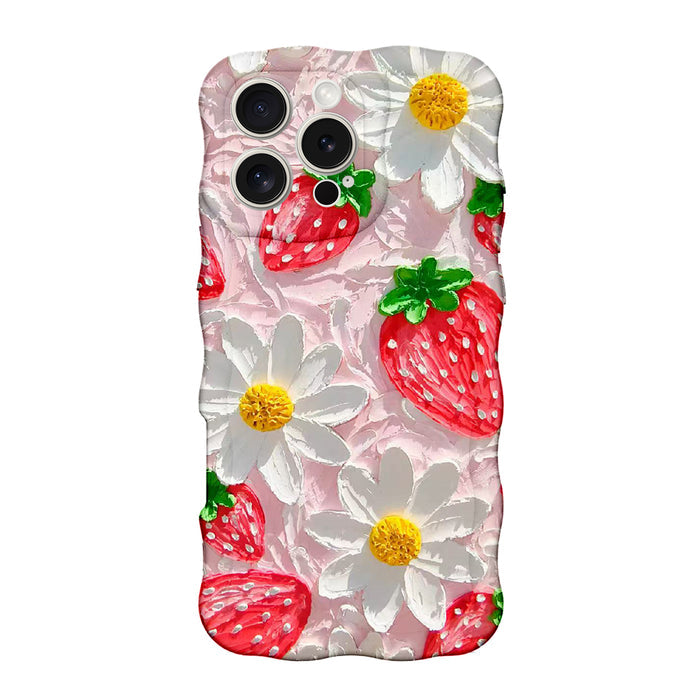 Pink wavy iPhone case featuring painted style red strawberries and white daisies with yellow centers.