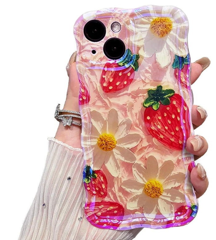 Pink wavy iPhone case featuring painted style red strawberries and white daisies with yellow centers.