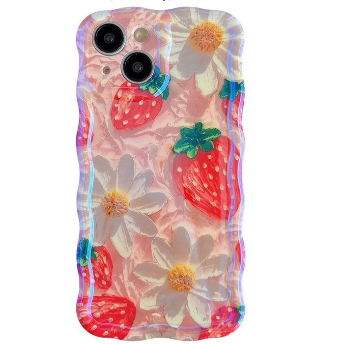 Pink wavy iPhone case featuring painted style red strawberries and white daisies with yellow centers.
