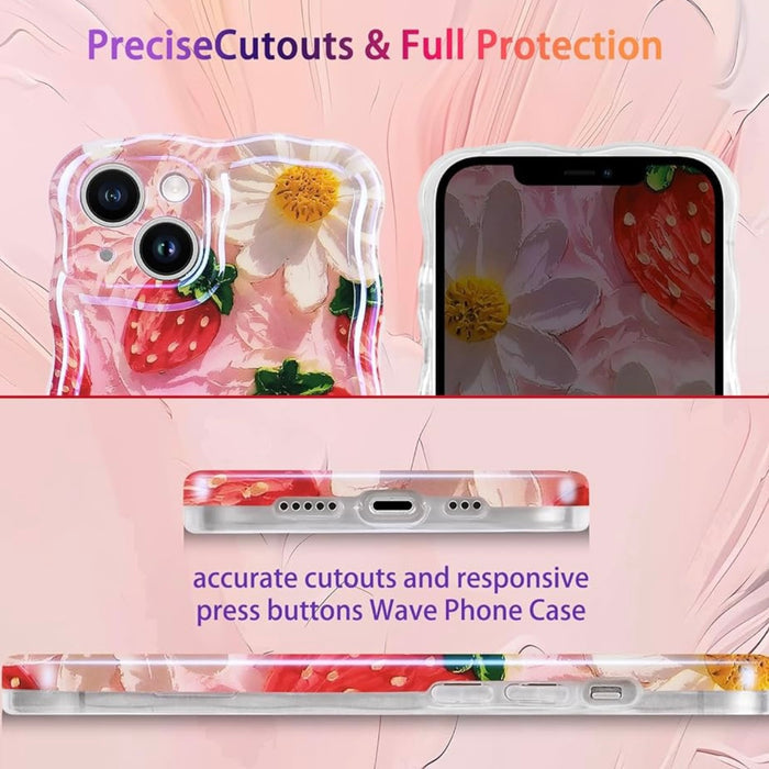 Pink wavy iPhone case featuring painted style red strawberries and white daisies with yellow centers.