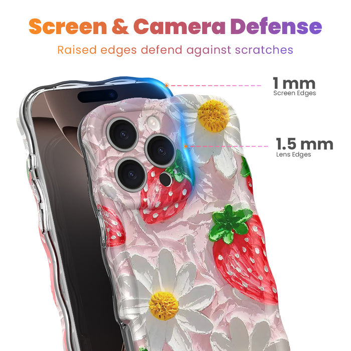 Pink wavy iPhone case featuring painted style red strawberries and white daisies with yellow centers.
