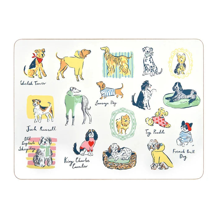 Illustrations of various dog breeds on a white background