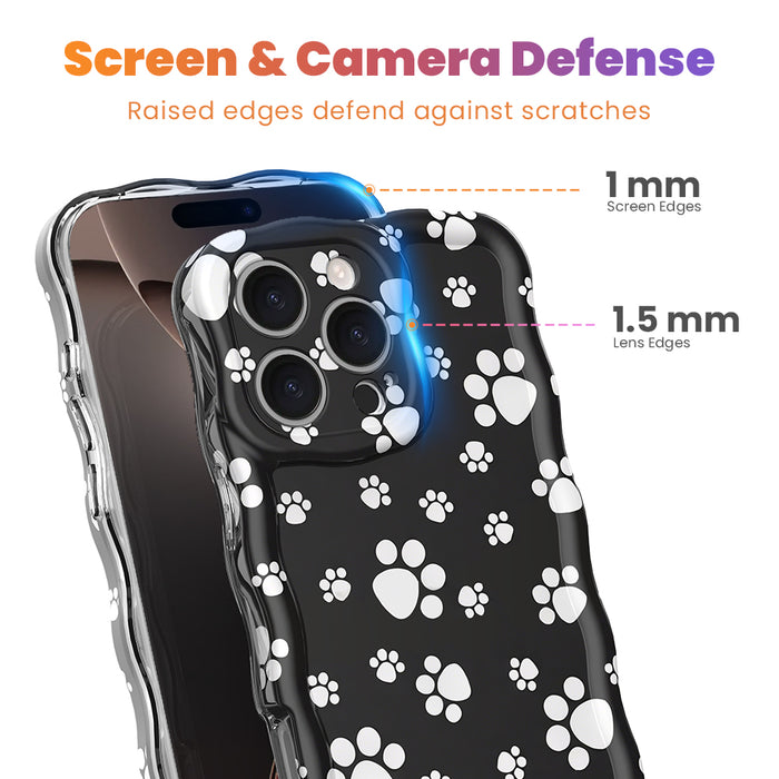 Black wavy iPhone case featuring a pattern of white paw prints held in hand, showing glossy finish.