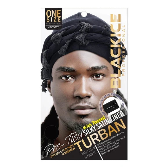 BLACKICE Pre-Tied Color: Black Silky Satin Lined Turban with Tassel