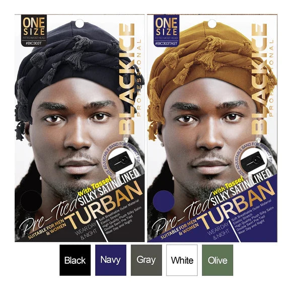 BLACKICE Pre-Tied Color: Black Silky Satin Lined Turban with Tassel