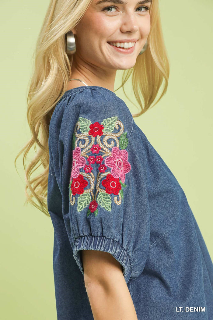 Blooming Denim Embroidered Top