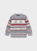 Mayoral boys jacquard sweater in Gray with ski pattern, polar bear artwork, and Après Ski lettering.
