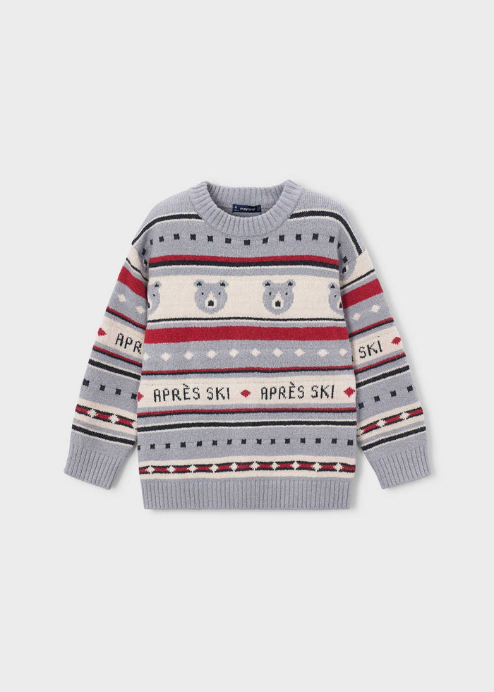 Mayoral boys jacquard sweater in Gray with ski pattern, polar bear artwork, and Après Ski lettering.