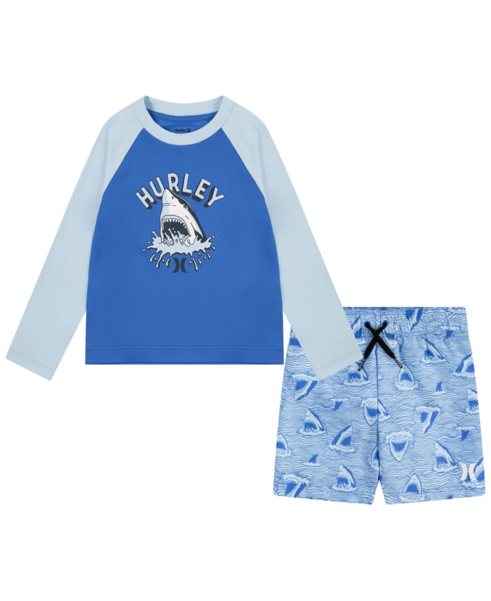 Boys' Hurley Shark Head Rash Guard and Trunks Swim Set- Blue