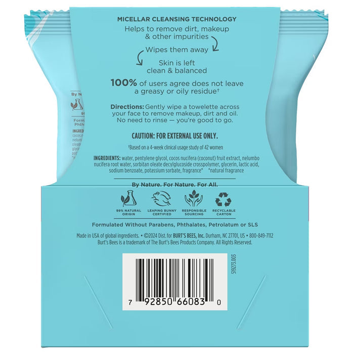 Burt's Bees Micellar Coconut & Lotus Facial Towelettes 30 Ct - Twin Pack - 6 Pack